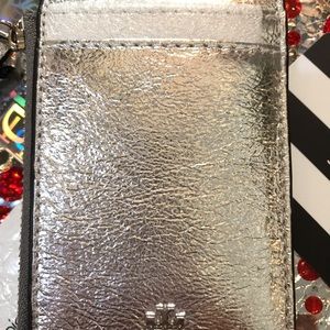 Tory Burch Crinkle Leather Silver Card Zip Case